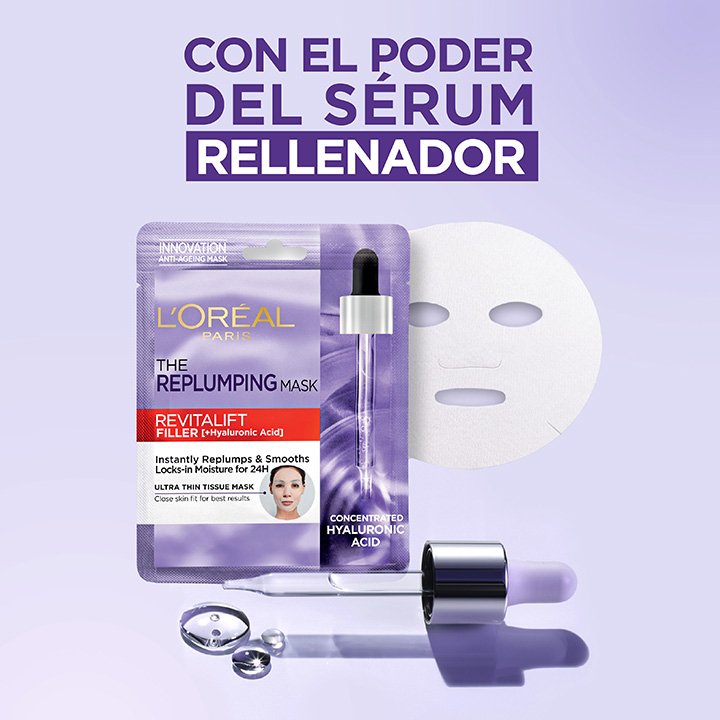 Mascarilla facial con el poder del sérum rellenador revitalift ácido hialurónico de Loreal Paris